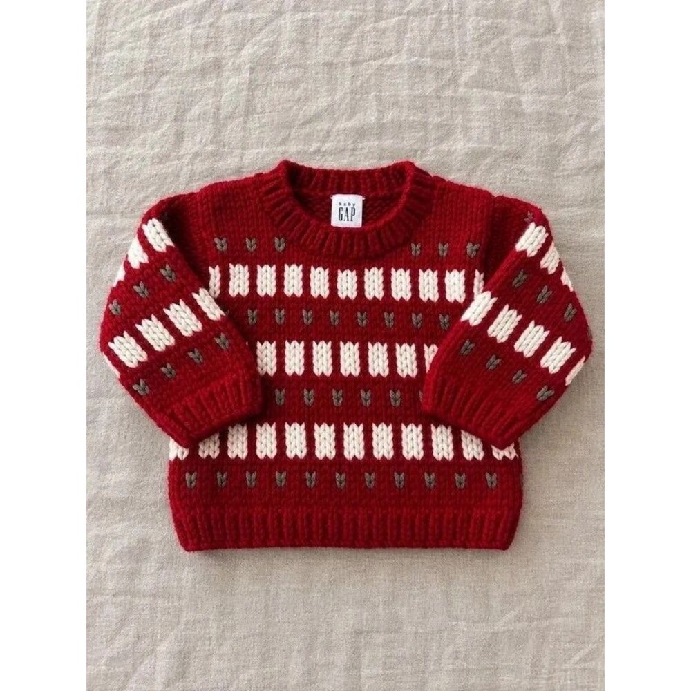 Vintage Baby Gap Chunky Knit Sweater 12–18 Months Red Fair Isle